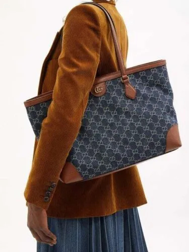 Gucci Ophidia GG Jacquard Denim Blue Brown Tote Bag Italy Leather Handbag New