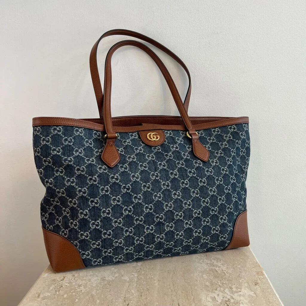 Gucci Ophidia GG Jacquard Denim Blue Brown Tote Bag Italy Leather Handbag New