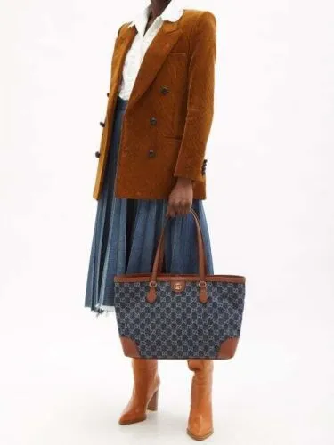 Gucci Ophidia GG Jacquard Denim Blue Brown Tote Bag Italy Leather Handbag New