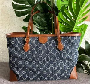 Gucci Ophidia GG Jacquard Denim Blue Brown Tote Bag Italy Leather Handbag New