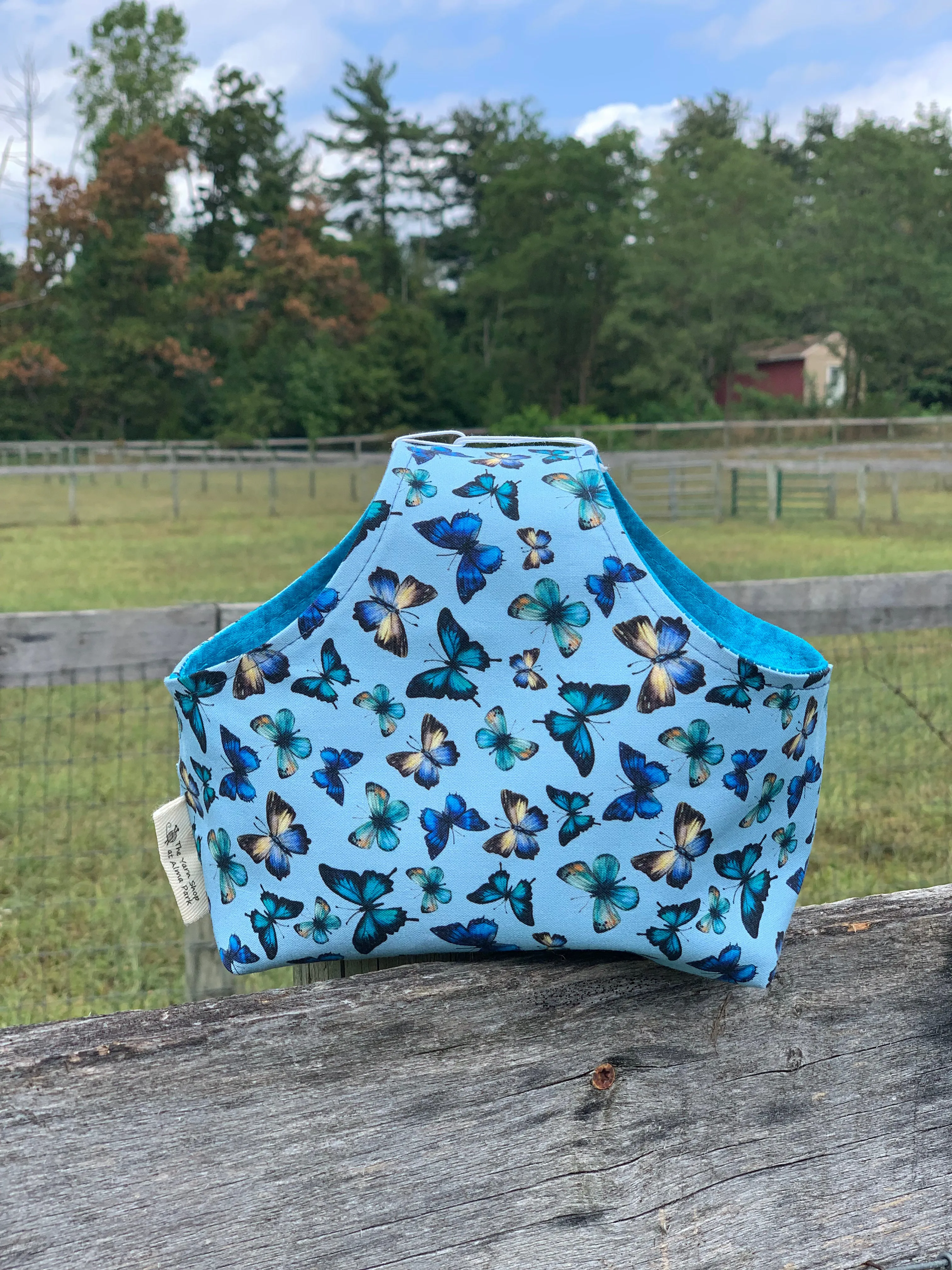 Handle Project Bag by Rose (Small)- Perfect for SOCK Knitters -  Butterflies / Turquoise