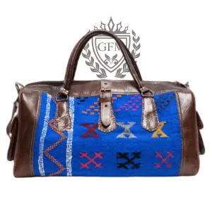 Handmade Moroccan Leather Travel Bag - Blue Kilim Weekender Bag