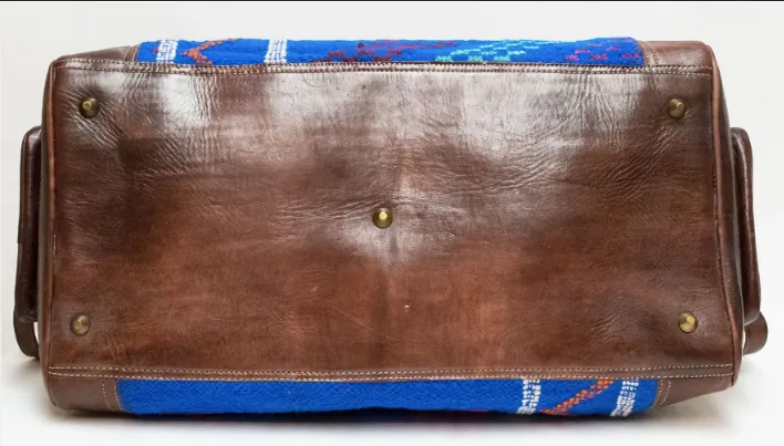 Handmade Moroccan Leather Travel Bag - Blue Kilim Weekender Bag