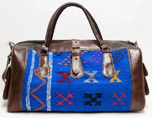 Handmade Moroccan Leather Travel Bag - Blue Kilim Weekender Bag