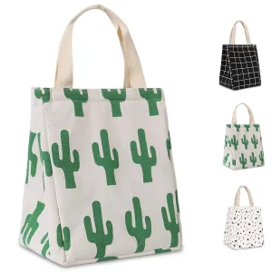 HOMESPON Reusable Lunch Bag Insulated Lunch Box Cute Canvas Fabric with Aluminum Foil, Printed Lunch Tote Handbag Fordable for Women,Men,School, Office (Cactus)