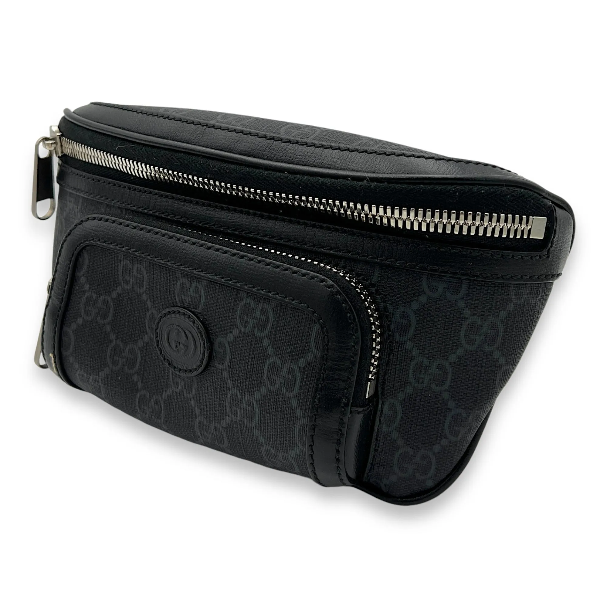 Interlocking G Black Belt Bag in Coated Canvas, Silver hardware