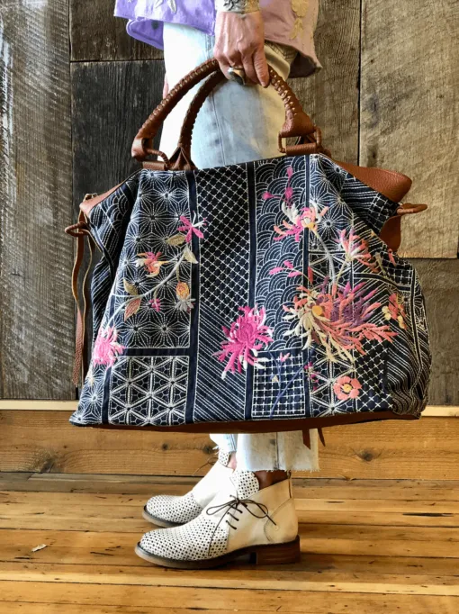 Johnny Was Viviana Dark Denim Weekender Bag Handbag Hobo Black Grey Denim New