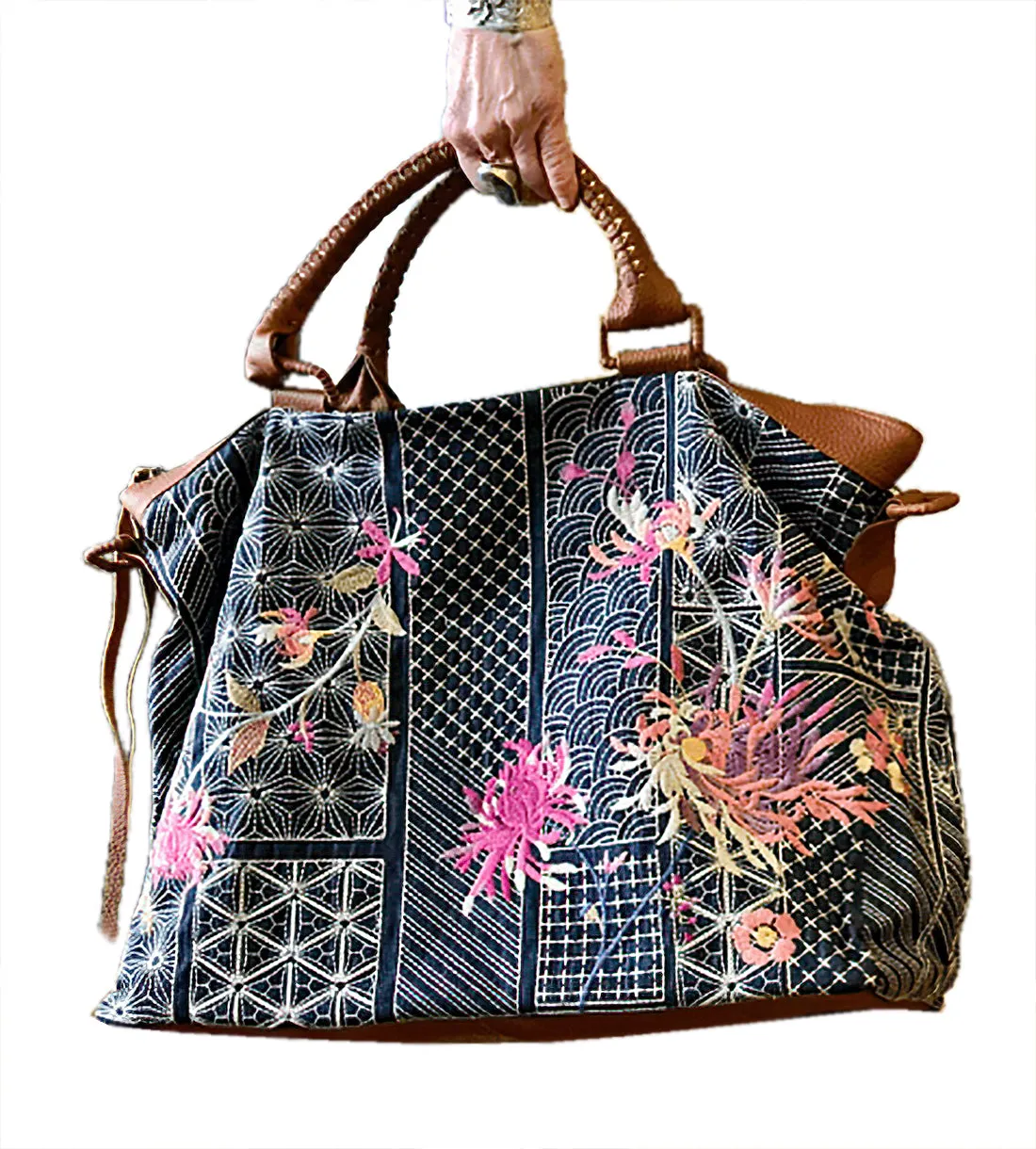 Johnny Was Viviana Dark Denim Weekender Bag Handbag Hobo Black Grey Denim New