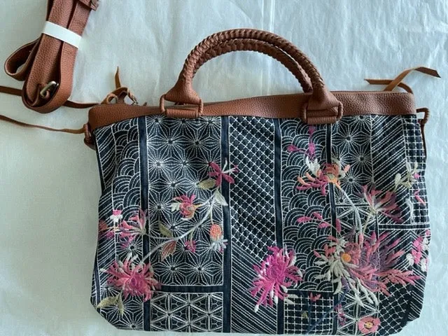 Johnny Was Viviana Dark Denim Weekender Bag Handbag Hobo Black Grey Denim New