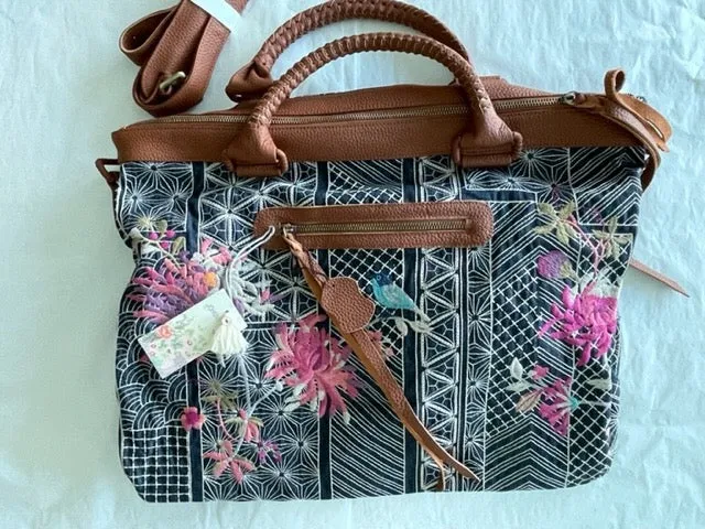 Johnny Was Viviana Dark Denim Weekender Bag Handbag Hobo Black Grey Denim New