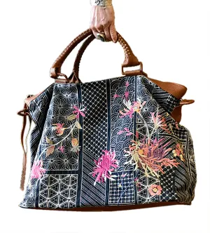 Johnny Was Viviana Dark Denim Weekender Bag Handbag Hobo Black Grey Denim New