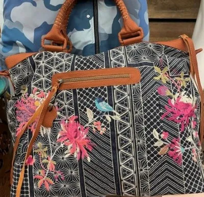 Johnny Was Viviana Dark Denim Weekender Bag Handbag Hobo Black Grey Denim New