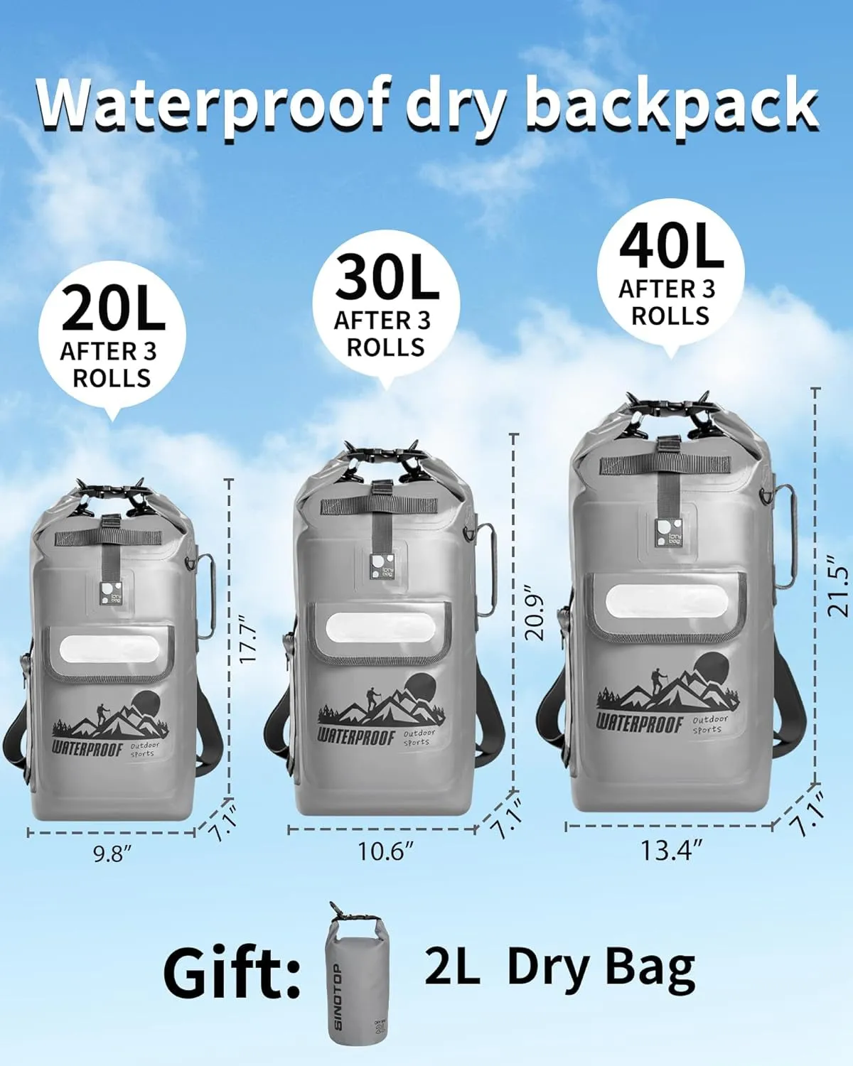 Kayak Dry Bag Backpack, Waterproof Backpack for Men, 20L/30L/40L