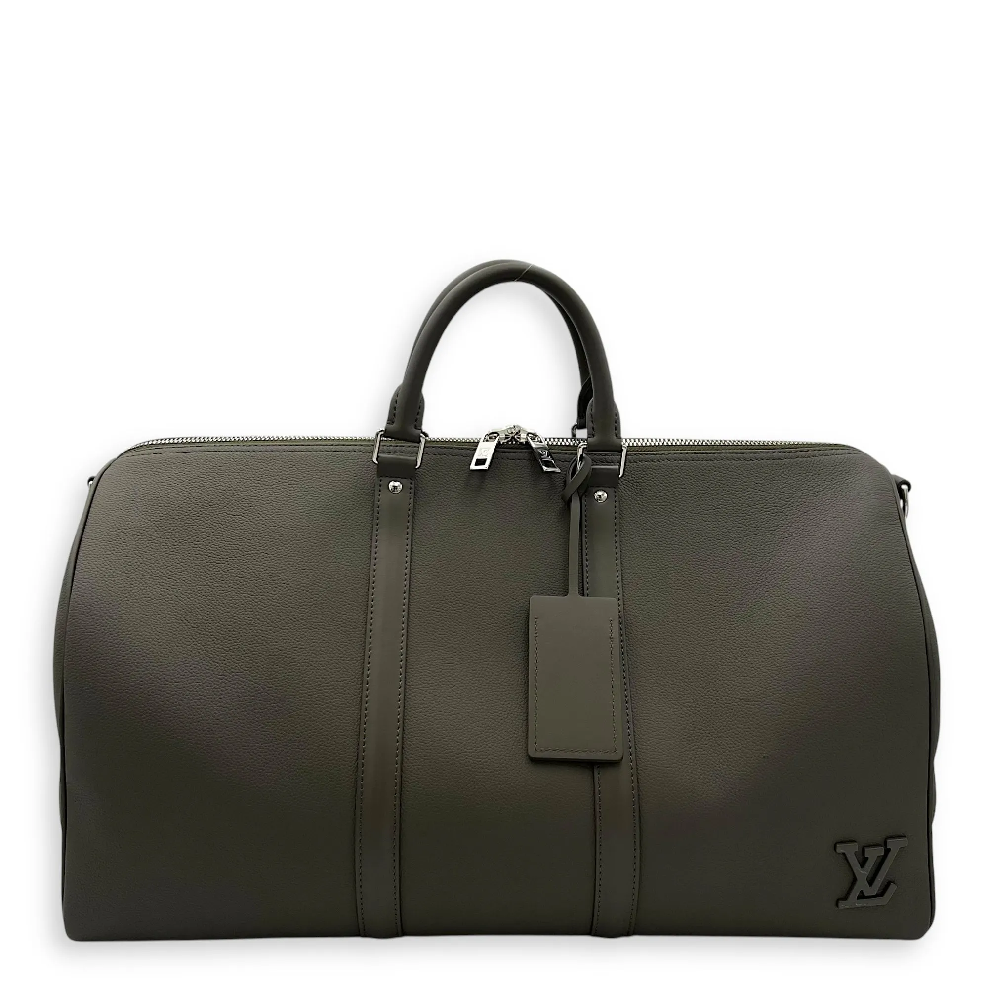 Keepall 50 Grey Top Handle Bag in Aerogram Leather, Silver hardware