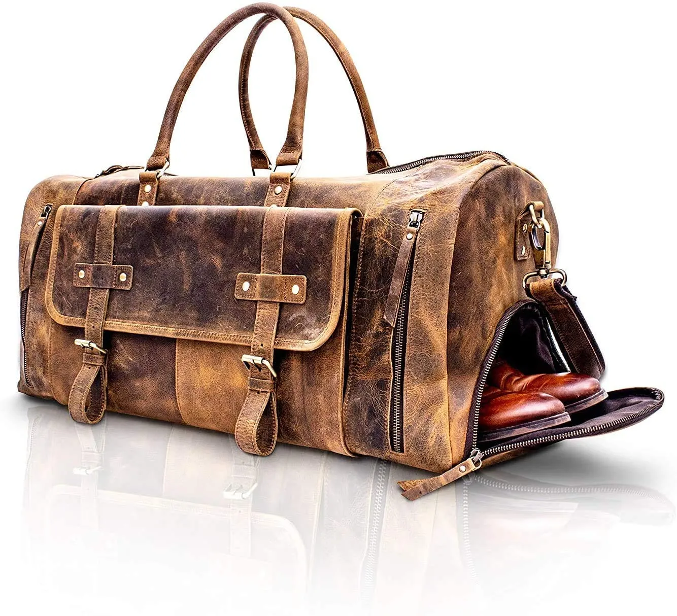 KomalC Leather Travel Duffel Bags for Men and Women Full Grain Leather Overnight Weekend Leather Bags Sports Gym Duffle