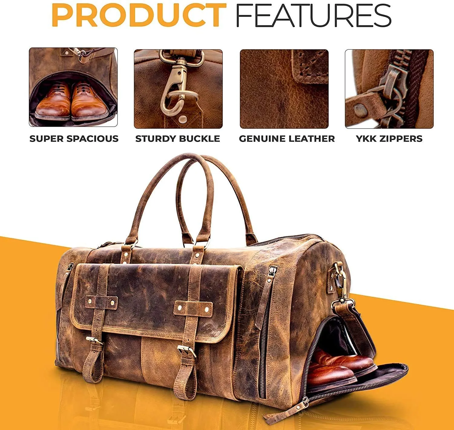 KomalC Leather Travel Duffel Bags for Men and Women Full Grain Leather Overnight Weekend Leather Bags Sports Gym Duffle