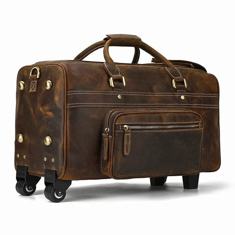 Large Genuine Leather Trolley Duffel – Rolling Luggage Bag