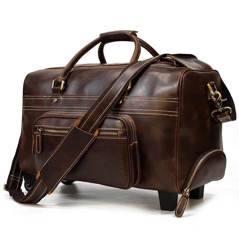 Large Genuine Leather Trolley Duffel – Rolling Luggage Bag