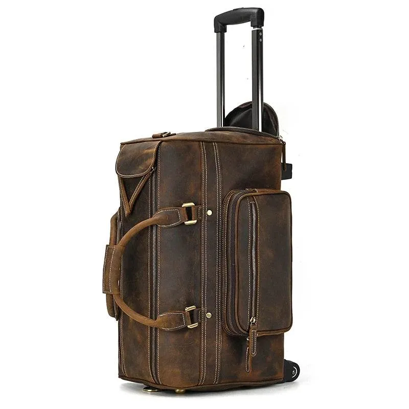 Large Genuine Leather Trolley Duffel – Rolling Luggage Bag