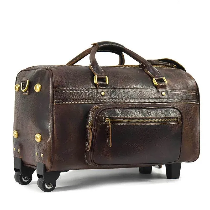 Large Genuine Leather Trolley Duffel – Rolling Luggage Bag