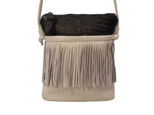 Leather & Crocodile Leather Handbag with Fringe