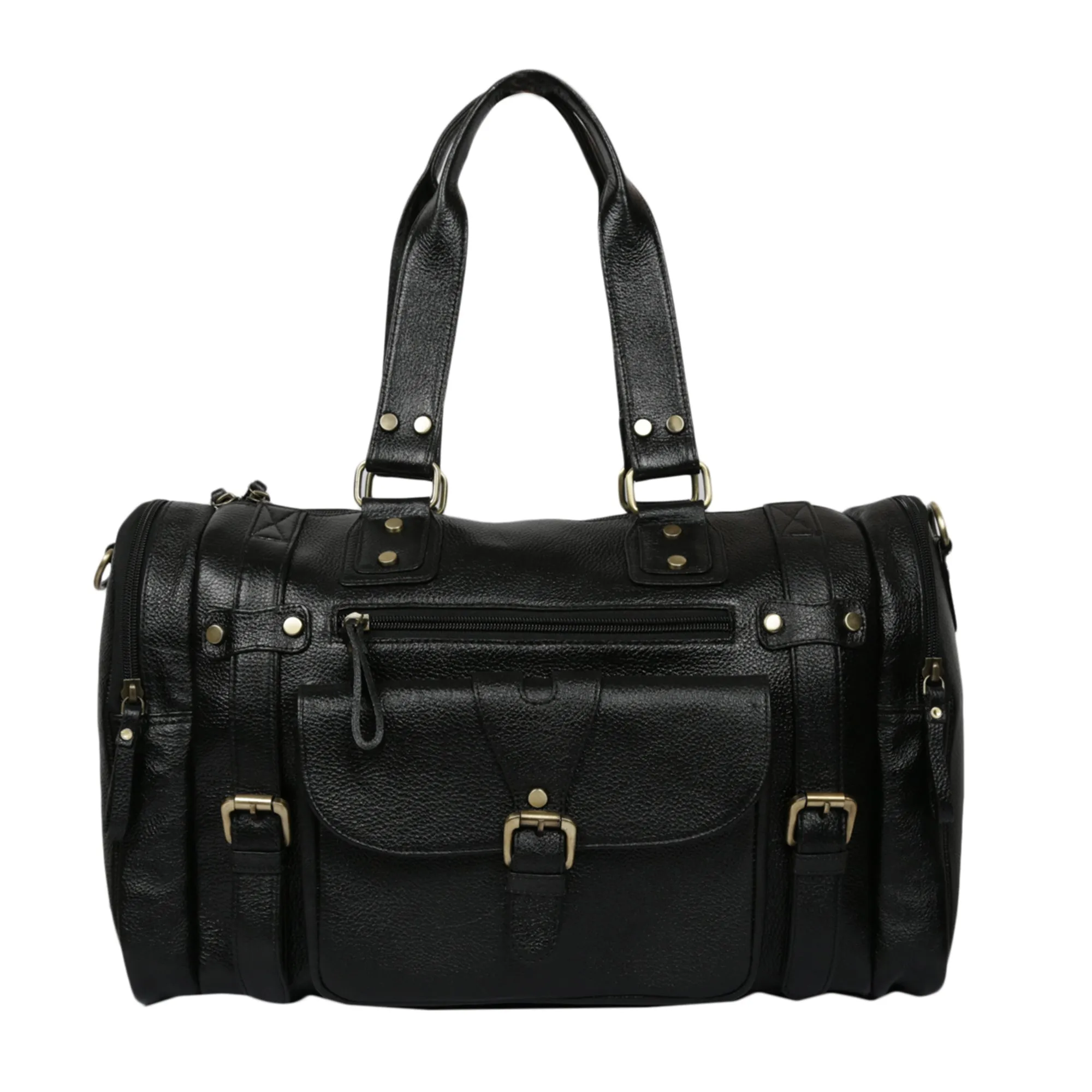 Leather Duffle Bag : Weekender In Jet black