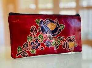 LEATHER WALLET/POUCH RED WITH FLOWERS