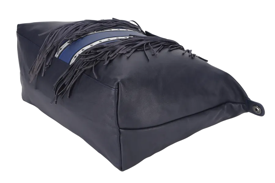LONGCHAMP LE PLIAGE DARK BLUE LEATHER WITH FRINGE WITH STRAP & DUST COVER
