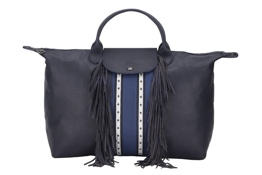 LONGCHAMP LE PLIAGE DARK BLUE LEATHER WITH FRINGE WITH STRAP & DUST COVER
