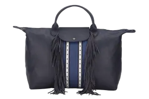 LONGCHAMP LE PLIAGE DARK BLUE LEATHER WITH FRINGE WITH STRAP & DUST COVER