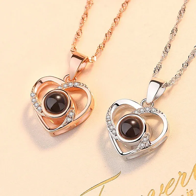 Love Heart Projection Necklace With Exquisite Rose Gift Box I Love You Pendant