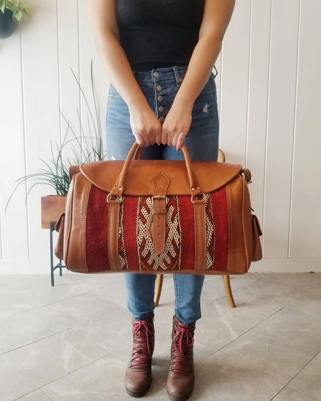 Luxury Kilim Rug Travel Bag – Handmade Moroccan Leather Weekender Bag