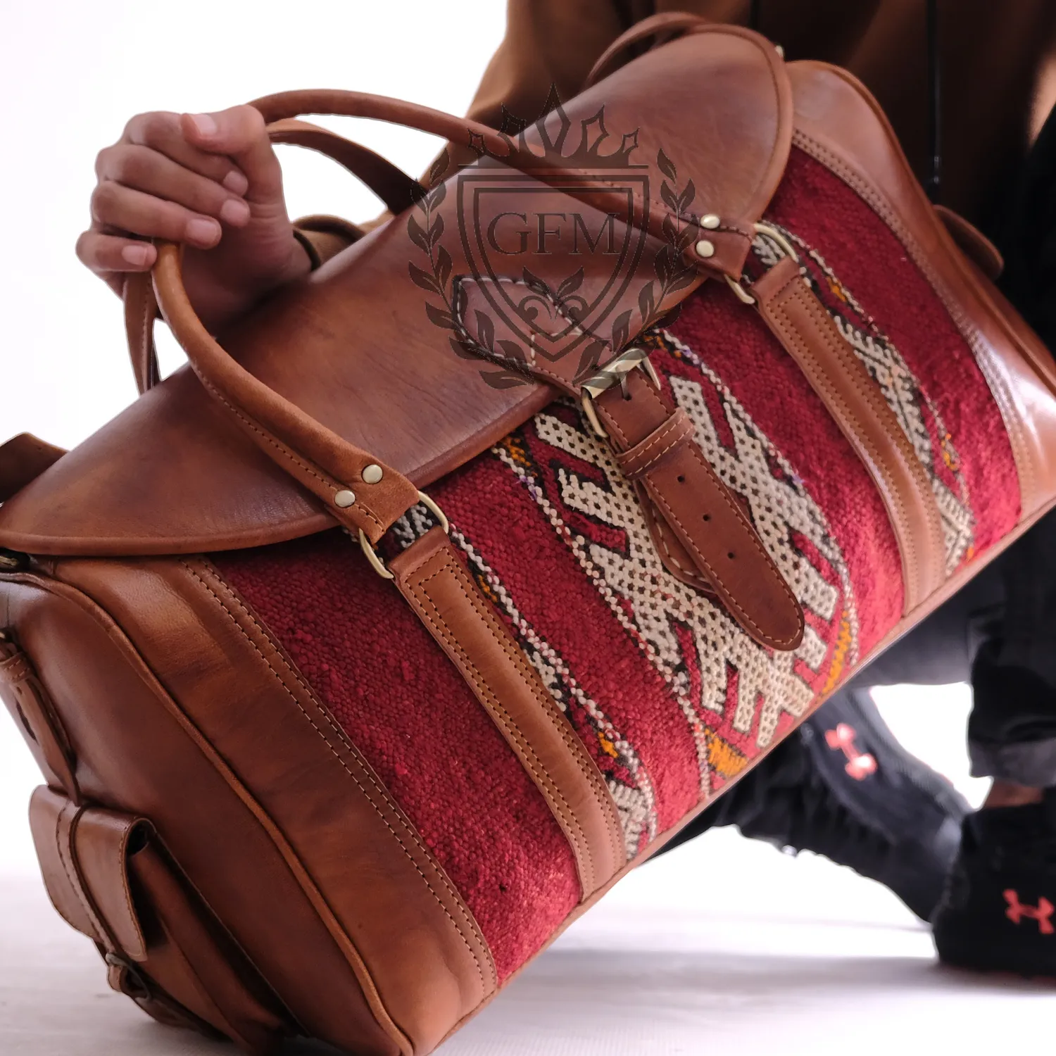 Luxury Kilim Rug Travel Bag – Handmade Moroccan Leather Weekender Bag