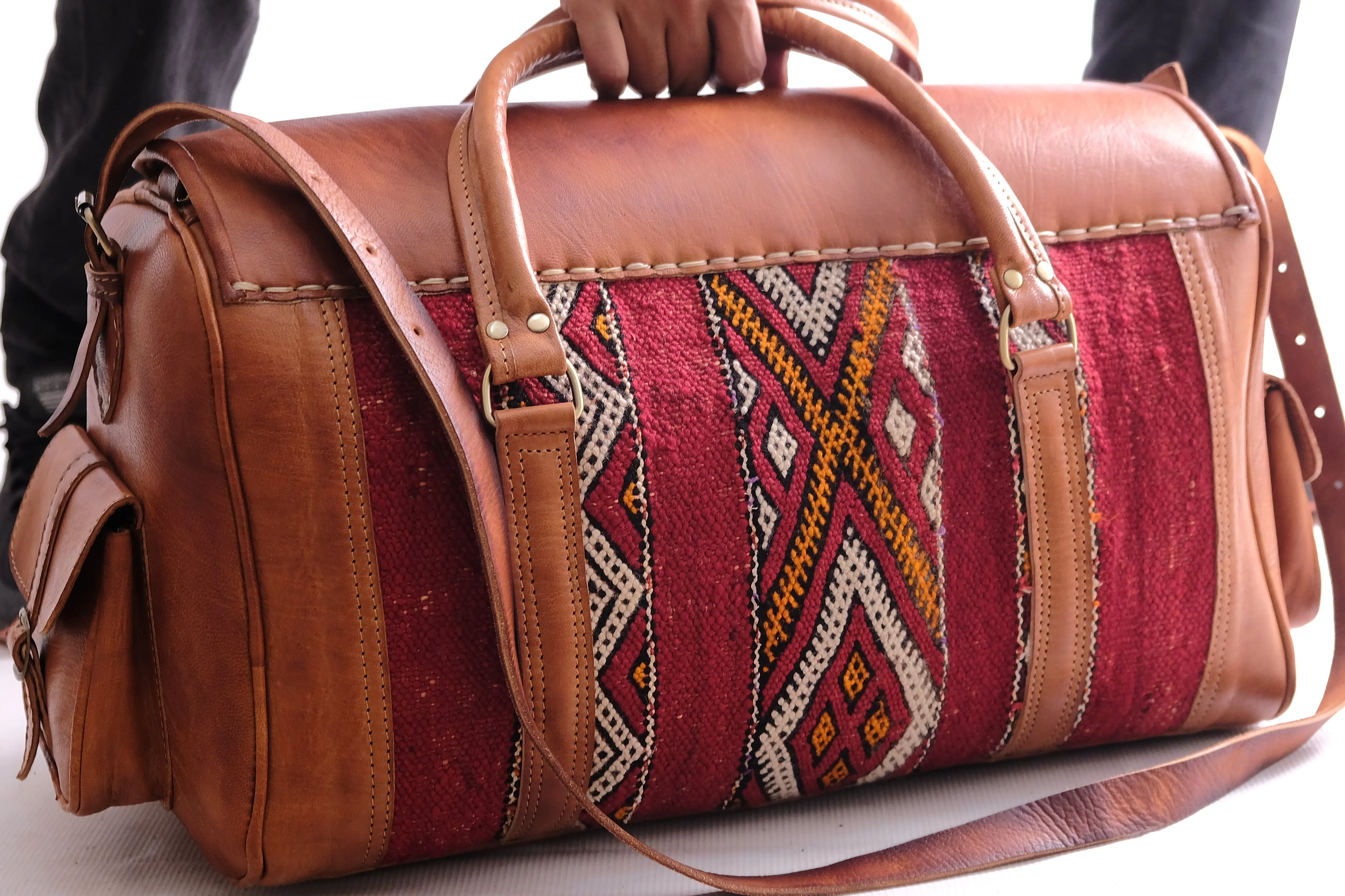 Luxury Kilim Rug Travel Bag – Handmade Moroccan Leather Weekender Bag