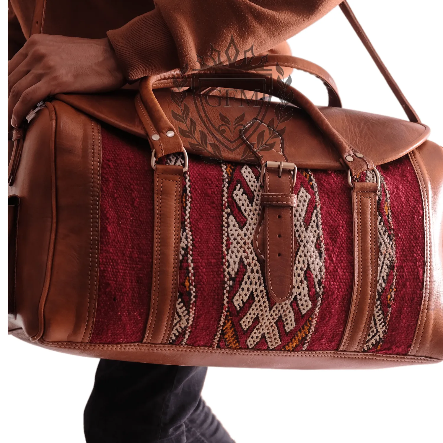 Luxury Kilim Rug Travel Bag – Handmade Moroccan Leather Weekender Bag