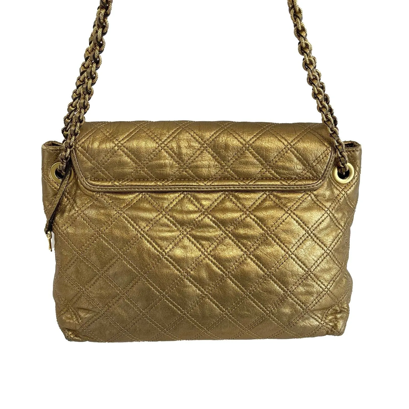 Marc Jacobs Excellent Metallic Gold Quilted Leather Flap Shoulder Bag Handbag