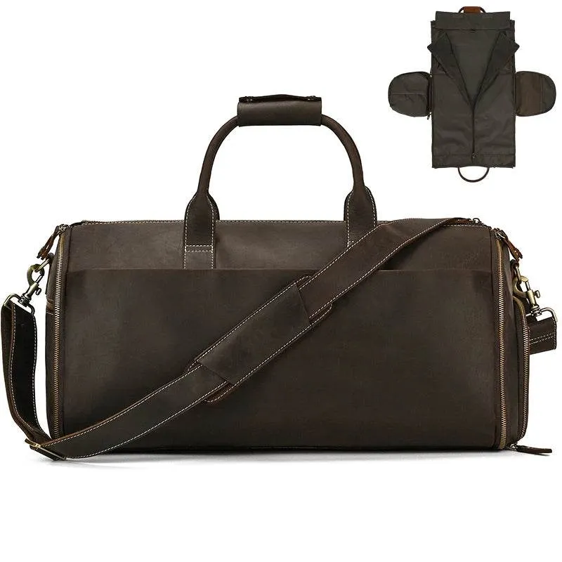 Men's Leather Business Trip Travel Duffle Opens to a Garment Bag