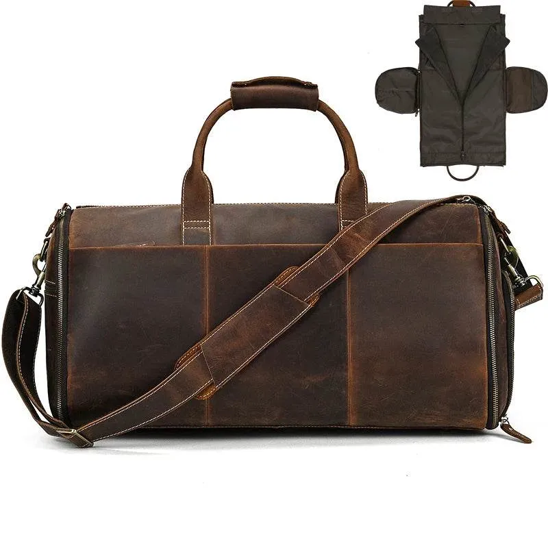 Men's Leather Business Trip Travel Duffle Opens to a Garment Bag