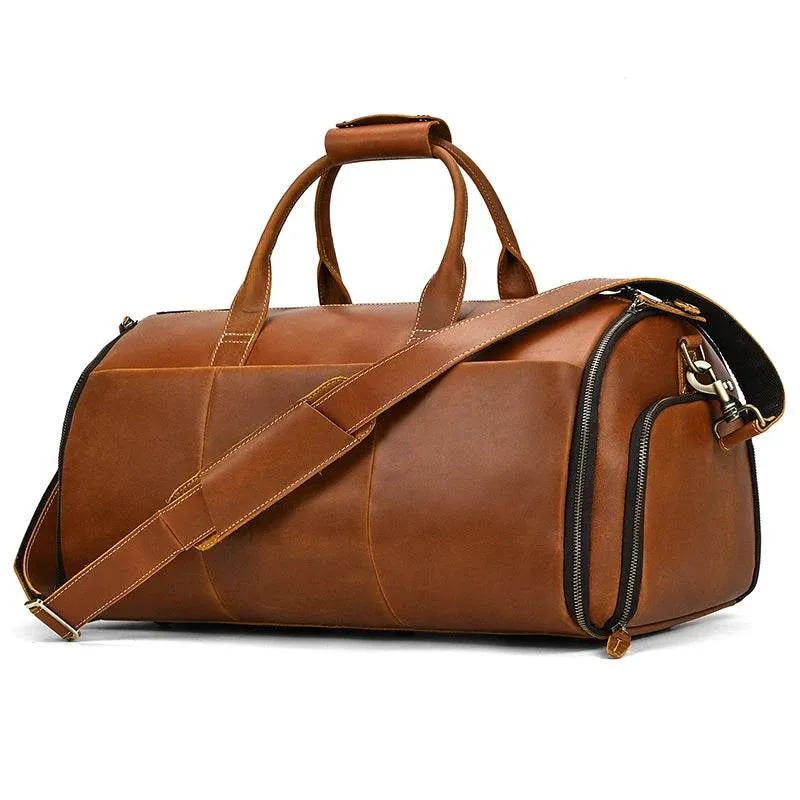 Men's Leather Business Trip Travel Duffle Opens to a Garment Bag