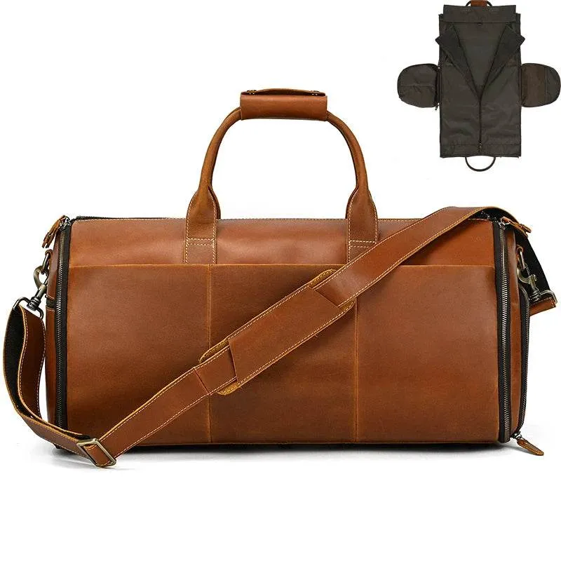 Men's Leather Business Trip Travel Duffle Opens to a Garment Bag