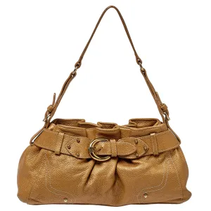 Metallic Beige Pleated Leather Satchel