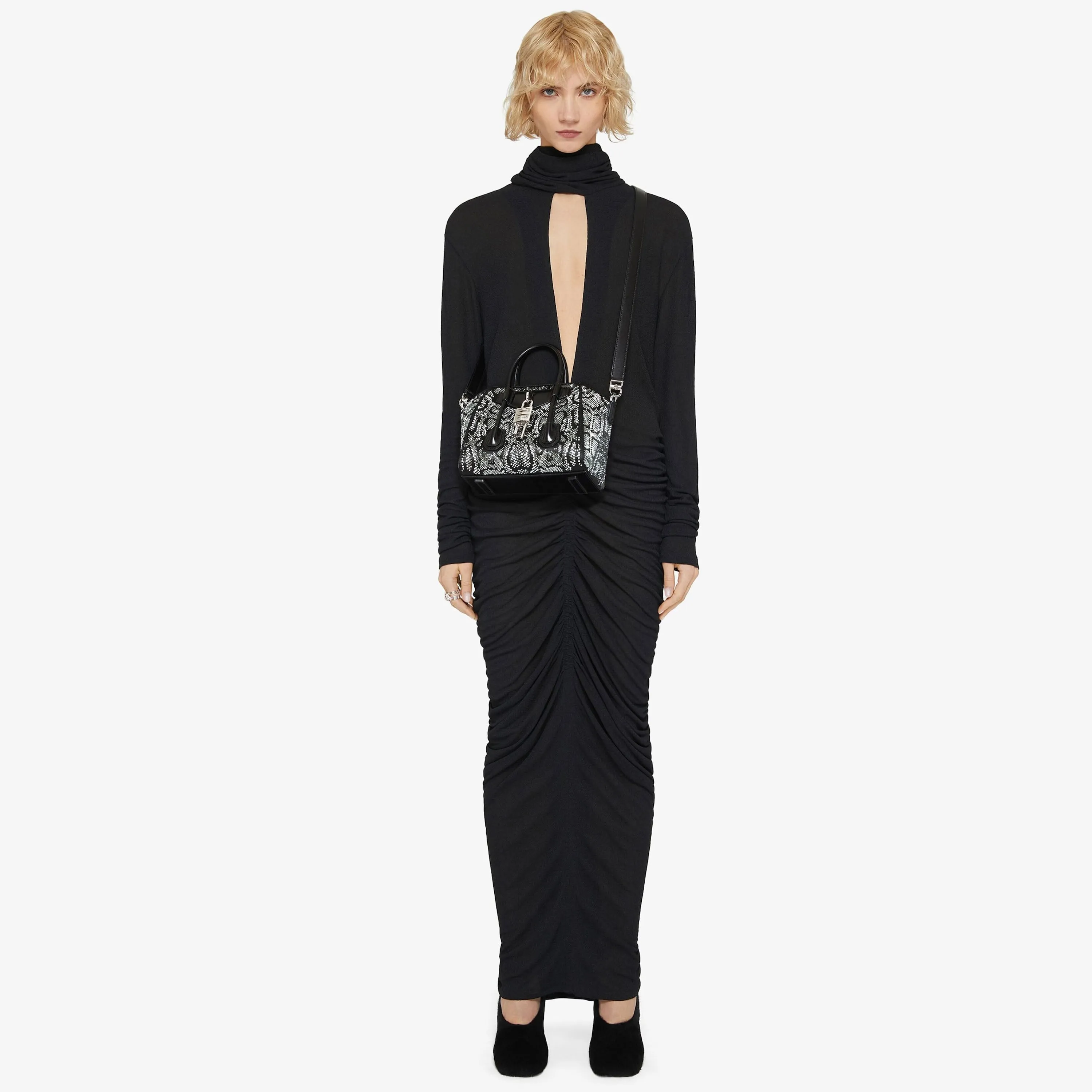 Mini Antigona Lock bag in satin with python effect strass