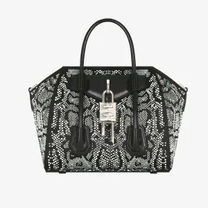 Mini Antigona Lock bag in satin with python effect strass