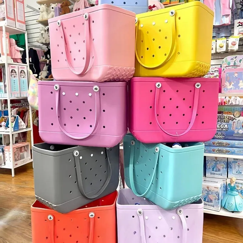 M/L/XL Fashion Beach Bags EVA Rubber Waterproof Storage Baskets Travel Shopping Handbag Women Shoulder Solid Color Tote Bag Bogg