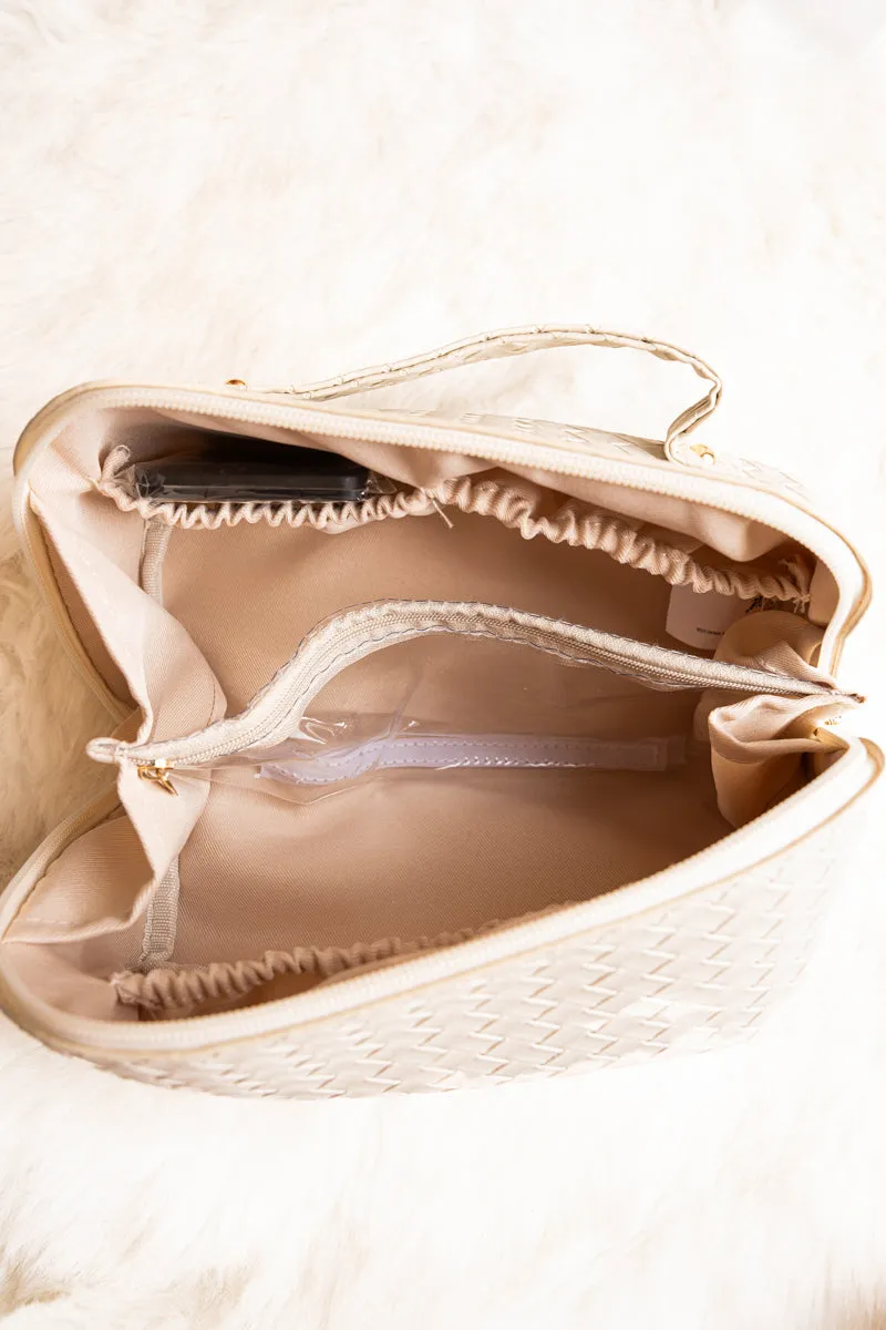 Morning Ready Woven Cream Medium Expandable Cosmetic Bag