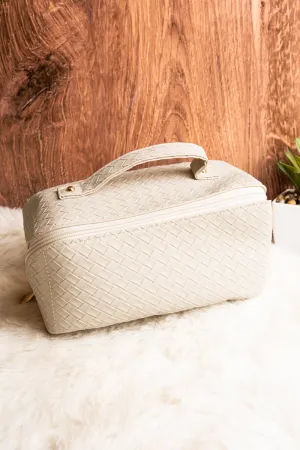 Morning Ready Woven Cream Medium Expandable Cosmetic Bag