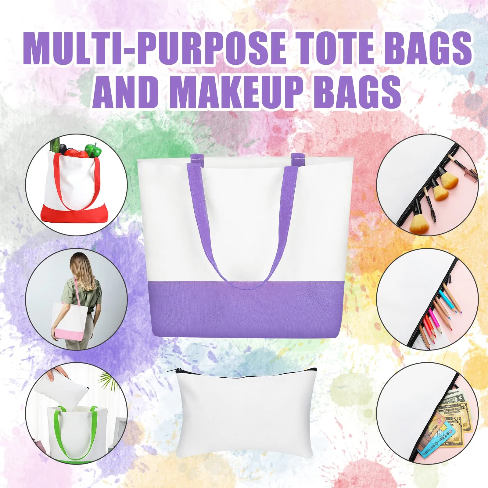 Moukeren 24 Pcs Canvas Tote Bag Bulk DIY Sublimation Blank Bag with Zipper Cosmetic Makeup Bag for Christmas Craft Gift(Patch)