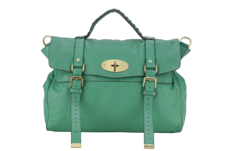 MULBERRY ALEXA 2 WAY SHOULDER BAG LARGE GREEN LEATHER GOLD HARDWARE (5167571) WITH LONG STRAP AND DUST COVER