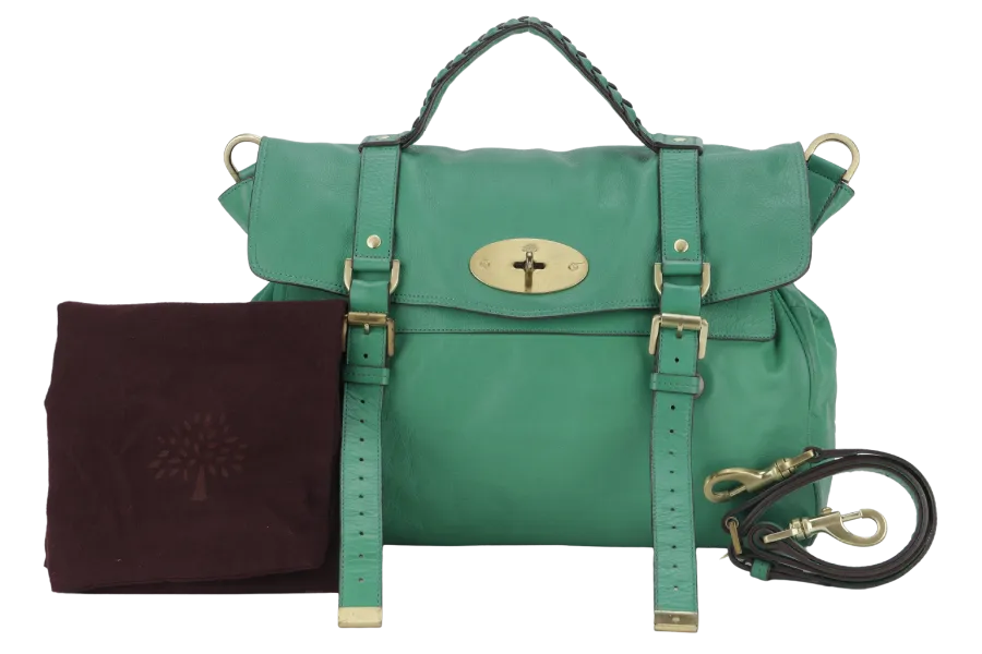 MULBERRY ALEXA 2 WAY SHOULDER BAG LARGE GREEN LEATHER GOLD HARDWARE (5167571) WITH LONG STRAP AND DUST COVER