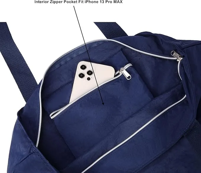 New Foldable Packable Zipper Closure Large Tote Bag Nylon Water Resistant Shopping Travel Gym Toy Bag Sandproof Beach Bag (NAVY)